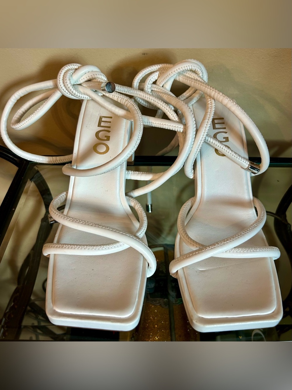 EGO White Lace-Up Strappy Square Toe Heels